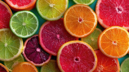 Citrus mosaic of fruit slice concept. Vibrant assortment of citrus fruit slices, fresh and colorful.