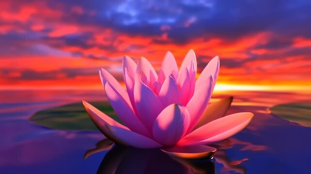 Pink lotus flower on water at sunset