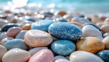 Close-up of smooth, colorful wet pebbles on a serene beach, with the sparkling sea in the background.