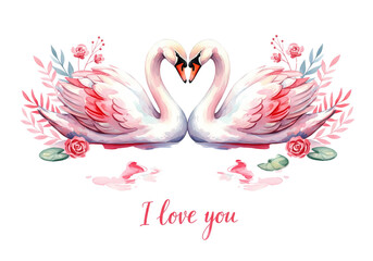 Fototapeta premium beautiful Swan watercolor. Love card for Valentine's Day