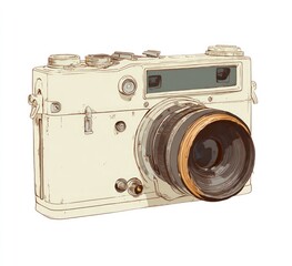 Vintage cream-colored camera illustration.  Detailed drawing of a retro camera, featuring a cream-toned body and a dark-orange lens.  Visible controls and mechanics