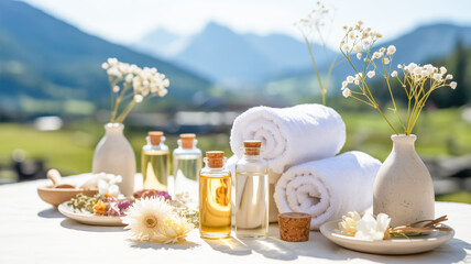 Obraz premium A high-quality product photography shot of spa and wellness items arranged on a white surface against a mountainous backdrop