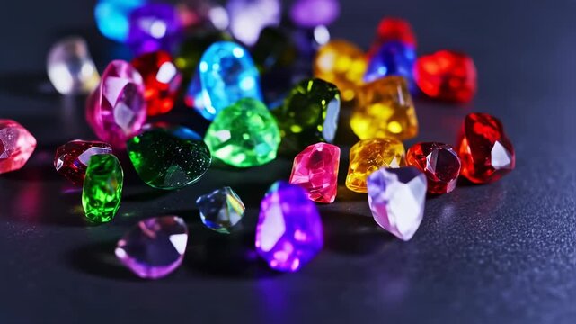 Multicolored gemstones scattered on a dark surface
