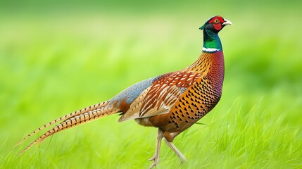 A female Ring-necked Pheasant camouflaged in tall gre