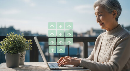 Elderly woman using a laptop outdoors with a digital interface showing social media icons and connection symbols