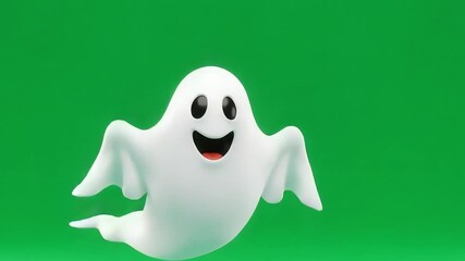 Playful cartoon ghost character floating against a vibrant green background, ideal for Halloween themes - Powered by Adobe