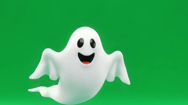 Playful cartoon ghost character floating against a vibrant green background, ideal for Halloween themes