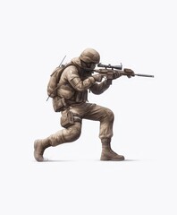 A tactical sniper in camouflage gear aiming through s