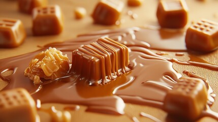 A close up shot of caramel candies and caramel sauce on a light brown surface in soft lighting