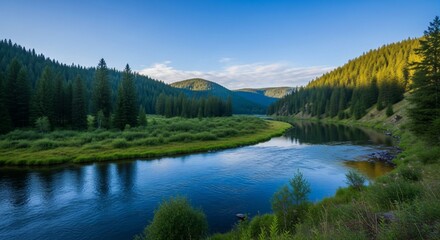 Serene River Winding Through Lush Green Forested Mountains Under Blue Sky