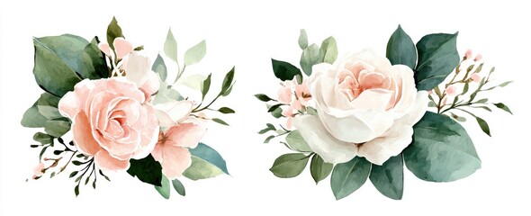Two watercolor floral arrangements featuring pale pink and white roses, greenery, and small blossoms