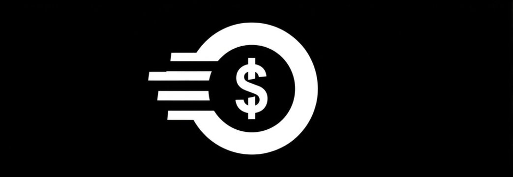 White dollar sign icon within a circle, surrounded by three horizontal lines, on a black background - Powered by Adobe