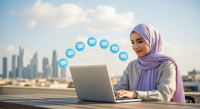 Young muslim woman wearing a hijab works on a laptop outdoors with a city skyline in the background and social media icons floating above - Powered by Adobe