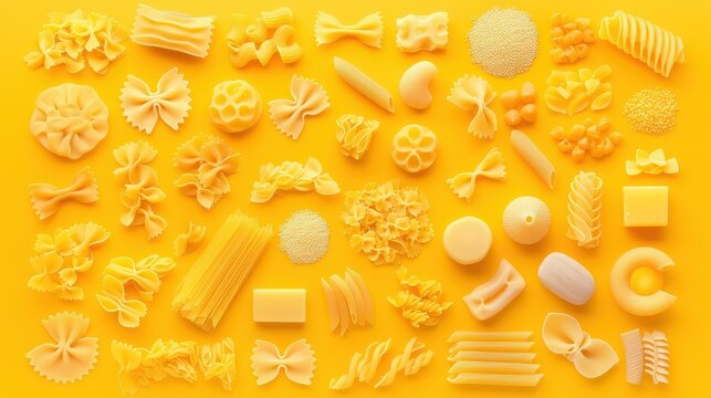 Assorted pasta shapes including penne fusilli farfall