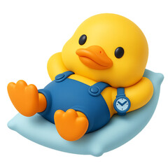 3D cute yellow duck relaxing on pillow, cartoon style, transparent background