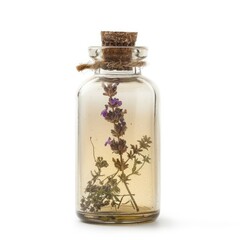 Small glass bottle, cork stopper, dried lavender and herbs