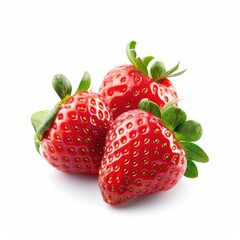 Three fresh strawberries, vibrant red, with green leaves, arranged on a white background