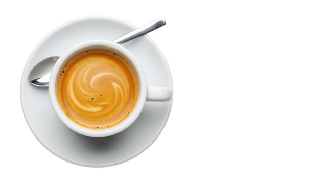 Top view of a cup of fresh espresso coffee with a swirl on a saucer, isolated on a white background with copy space