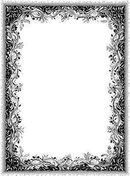 Ornate black and white frame with intricate floral design.  A decorative border with a variety of stylized floral and leaf patterns surrounds a blank central area.  