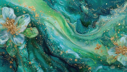 Abstract teal and green fluid art with delicate white flowers and gold flecks