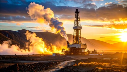 An epic cinematic wide shot of a massive futuristic geothermal drilling rig, dramatically harnessing the earth's energy in a vast landscape at sunset.