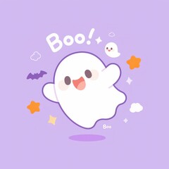 Charming kawaii ghost saying Boo in bubbly font illus