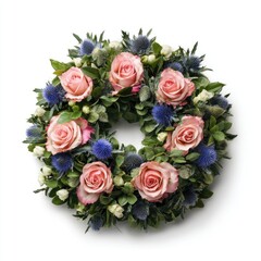 Delicate floral wreath, soft pink roses and blue thistle, on white background