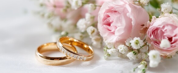 Delicate gold wedding rings resting on a white surface, surrounded by soft pink roses and tiny white flowers
