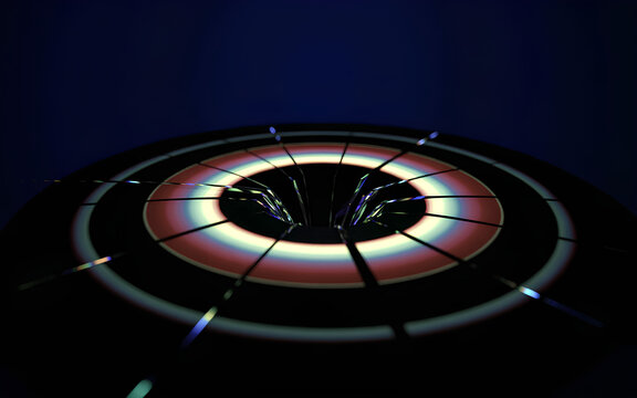A dramatic close-up photograph of a gas stove burner against a dark blue background. The burner has a circular design with concentric rings of red and white light emanating from a central black void. 