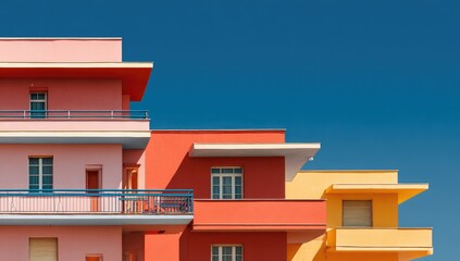 Vibrant multi-colored apartment buildings against a clear blue sky.  Balconies and windows are visible, showcasing a bright, modern architectural style