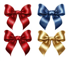Four satin ribbon bows in red, blue, and gold