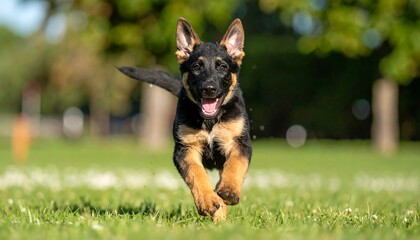 Playful german shepherd puppy running on grass.