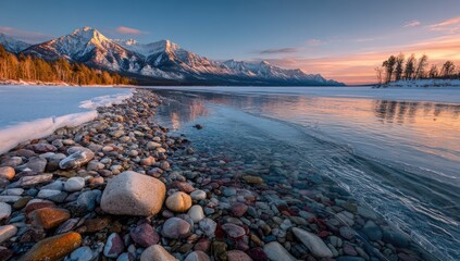 Winter sunrise over a mountain lake.  A tranquil scene of a rocky shoreline with clear, calm water reflecting the sunrise.  Snow-capped mountains form a backdrop