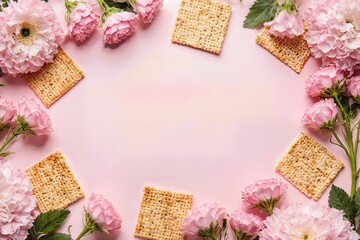 Pink flowers and traditional matzah crackers displayed on a background, perfect for celebrating Passover and spring themes