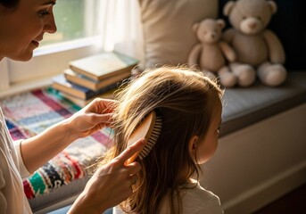 Fototapeta premium Parent brushing child’s hair gently in soft morning light by window bench