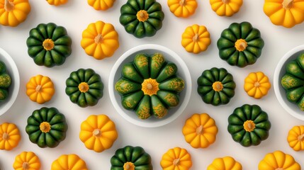 Fototapeta premium Discover seamless patterns featuring green and yellow pumpkins on a clean backdrop, enhancing vintage botanical designs.