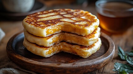 Stack of golden-brown Korean hotteok pancakes filled with melted brown sugar syrup. Traditional Korean street food dessert served on rustic wooden plate with tea