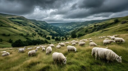 Fototapeta premium Flock of sheep grazing on rolling green hills under a cloudy sky
