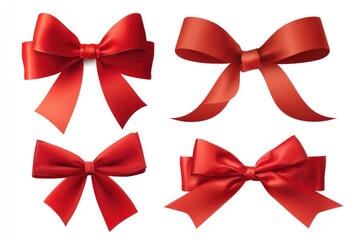 Four red satin bows, various styles, isolated on white