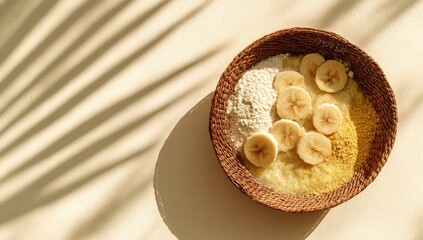 Healthy breakfast bowl with banana slices, flour, and a yellow base