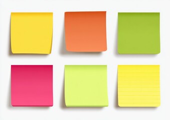 Six colorful sticky notes arranged in a grid pattern on a white surface.  Each note is a different color yellow, orange, green, pink, light green, and a light yellow with a striped pattern.  N