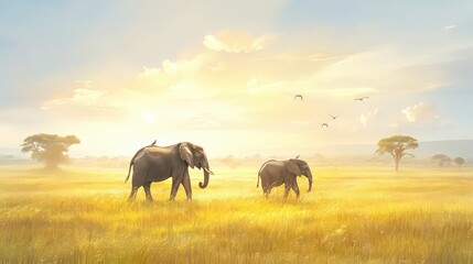 Fototapeta premium Peaceful elephants roaming golden savanna grass tusks