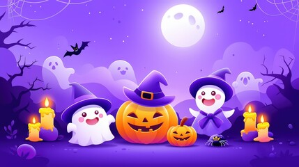 Fototapeta premium Purple background Halloween banner with cute pumpkins