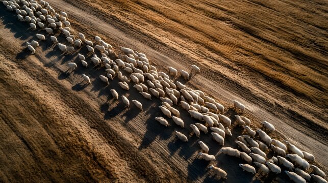 Aerial view of a flock of sheep grazing in a pastoral field - Powered by Adobe