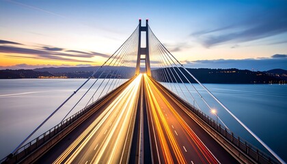 Obraz premium Driving on Cable-stayed Bridge at Dusk with Light Trails