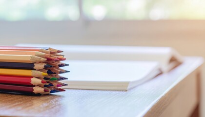 Obraz premium Colored Pencils Stacked Beside Open Book