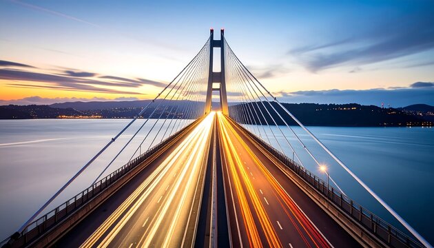 Driving on Cable-stayed Bridge at Dusk with Light Trails