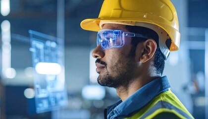 Cinematic close-up side-profile of a construction foreman in a yellow hard hat using sleek augmented reality glasses to view a futuristic interface.
