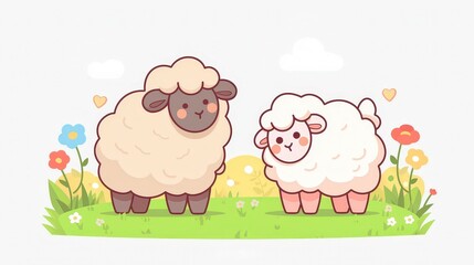 Obraz premium Two fluffy sheep one gray and one brown calmly gazing