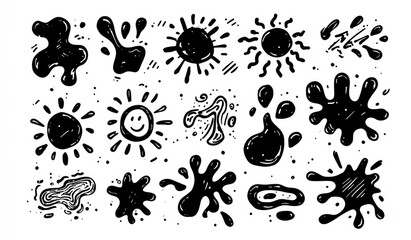 Hand-drawn ink blots and sun doodles